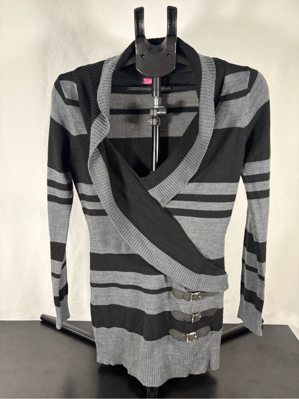 Say What? Black and Gray Striped Wrap V-Neck Sweater